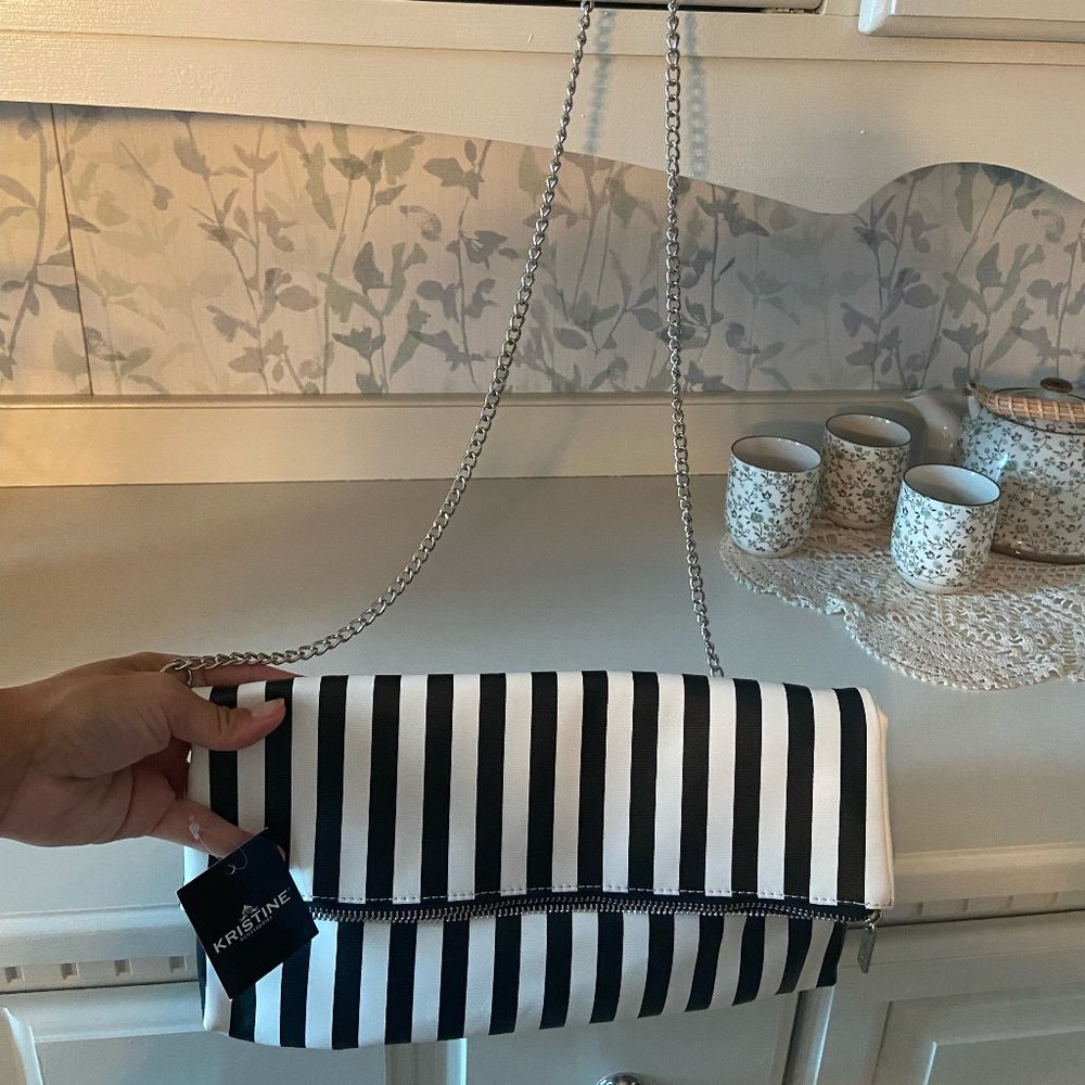 Kristine black/white stripped foldover clutch
